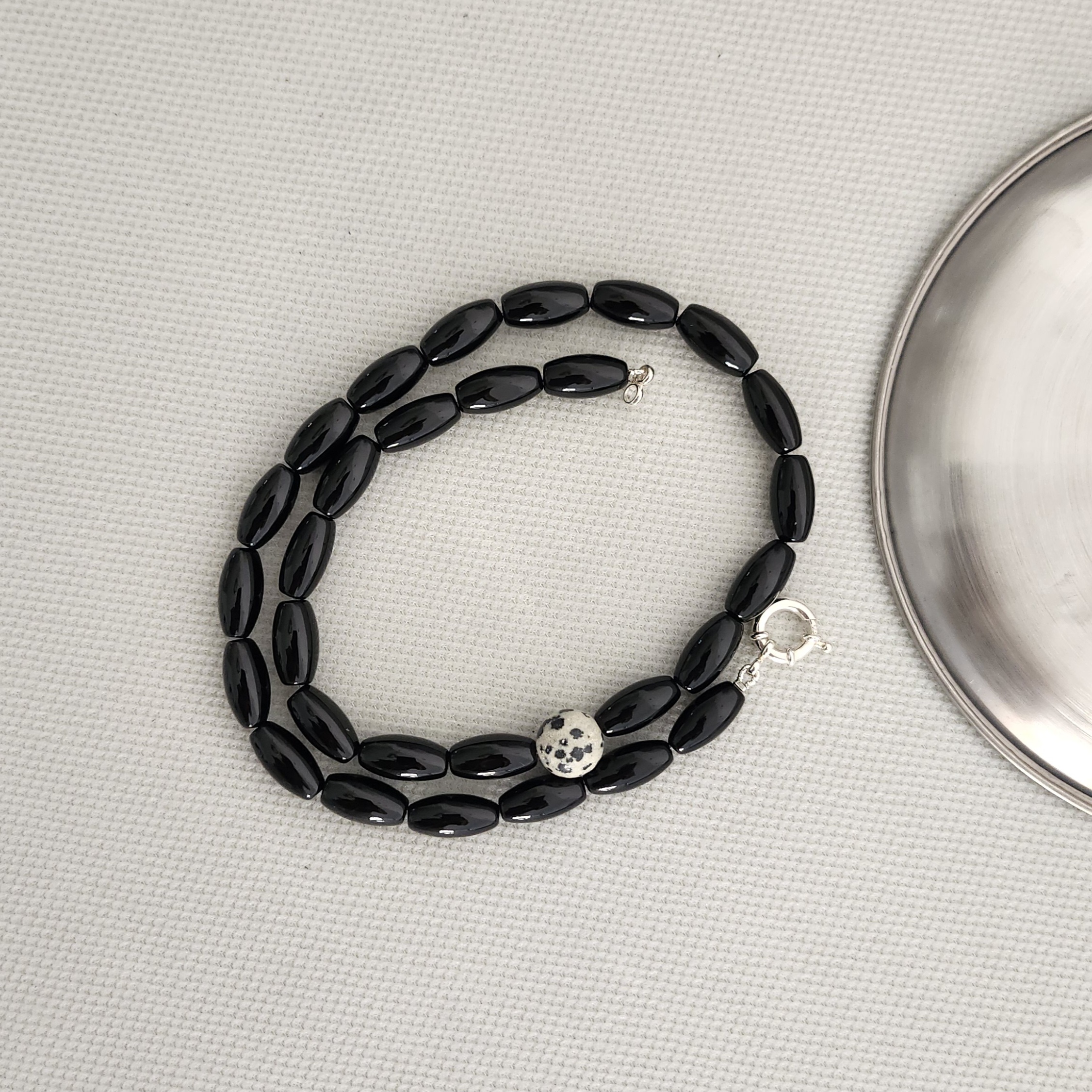 Kate Necklace black onyx and dalmatian jasper gemstone strand with 925 sterling silver clasp by My Gems