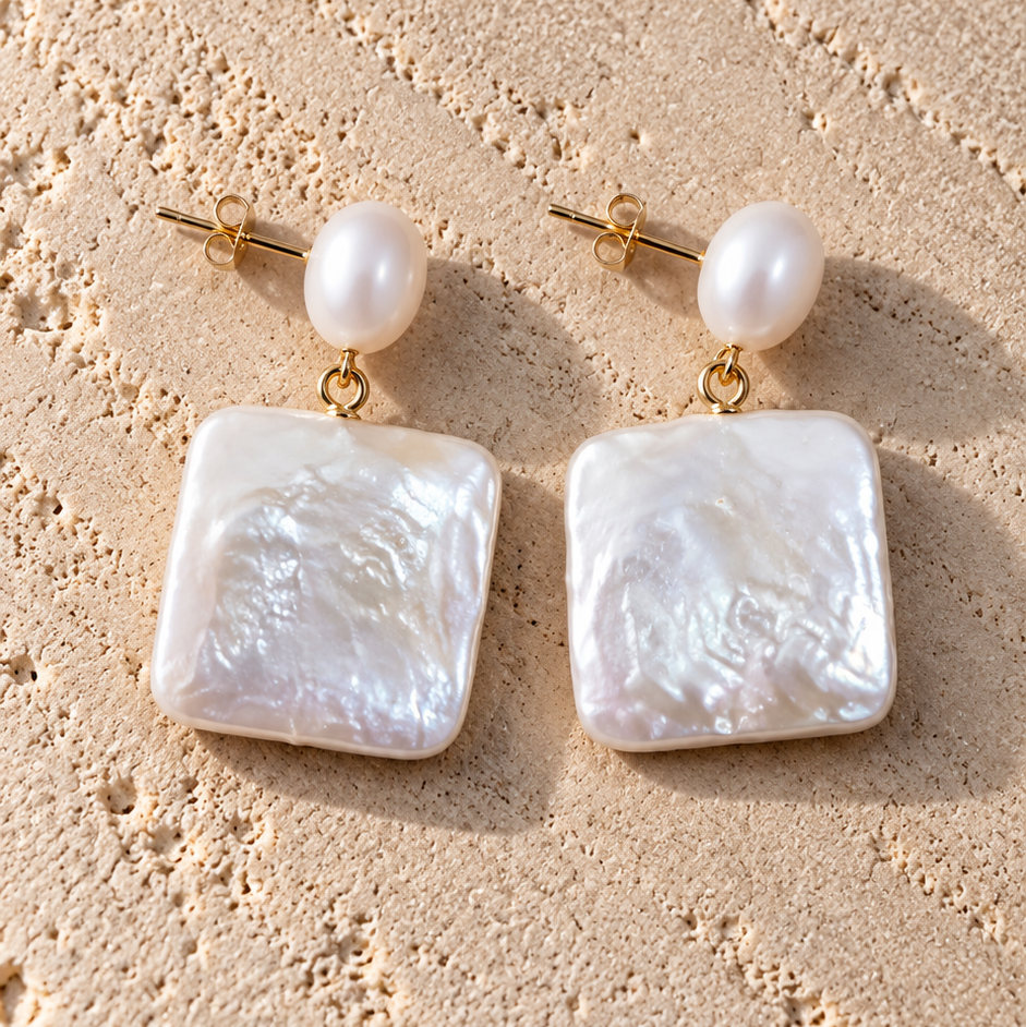 FALL freshwater pearl drop earrings with mother-of-pearl pendants